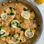 Chicken breast pan fried until tender and simmered in a creamy and zesty lemon sauce.