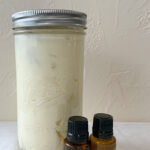 Whipped Tallow Body Butter scented with lavender and citrus bliss essential oils and stored in a glass jar.