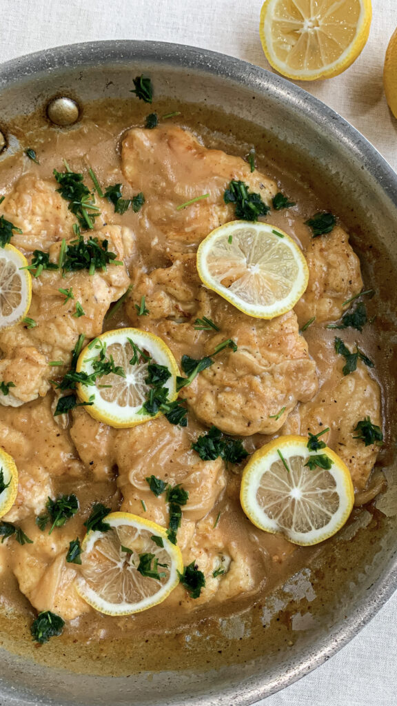 Chicken breast pan fried until tender and simmered in a creamy and zesty lemon sauce.